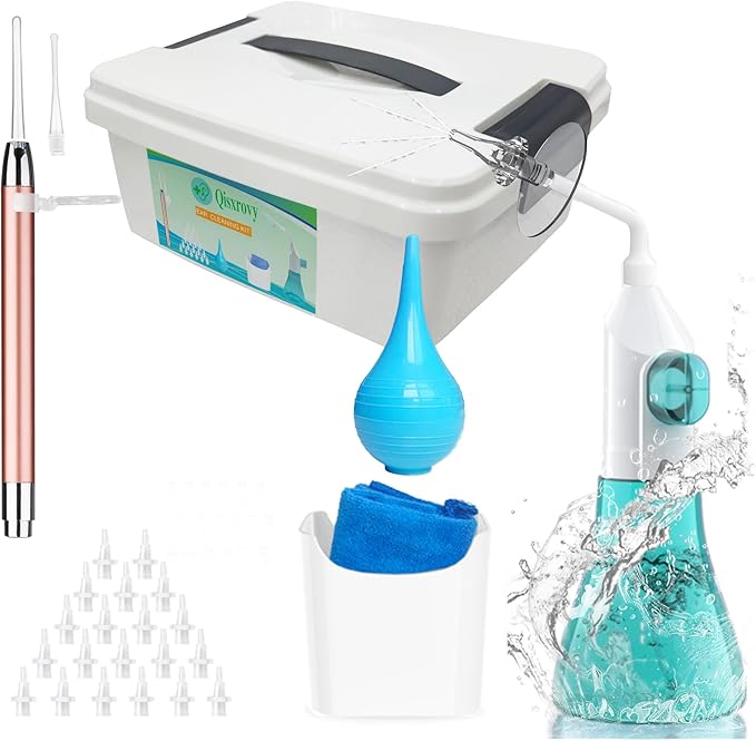 Ear Wax Removal Tool, Ear Cleaning Kits Safe Ear Irrigation Kit Ear Flush Kit for Adults Kids, Ear Wax Washer Device with LED Earwax Spoon, Basin, Bulb, Curette Kit, Towel, Tips, Storage Box Green
