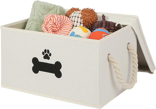 Dog Toy Basket with Lid, Dog Basket for Toys, Dog Toy Box with Cotton Rope Handles, Collapsible Storage Bins for Dog Toys, Dogs Storage Organizer, Beige