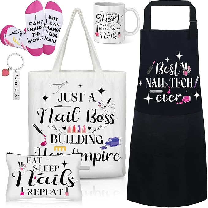 6 Pcs Christmas Nail Technician Gift Set Include Waterproof Oil Proof Apron Mug Keychain Canvas Tote Bag Cosmetic Bag Socks for Women Nail Tech Art Lover Must Haves Manicurist Gift