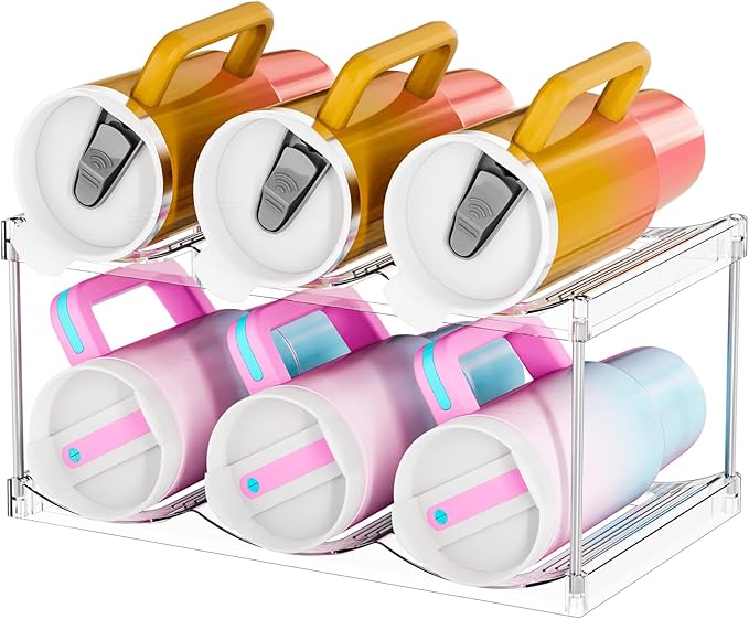 Stackable Water Bottle Organizer for Cabinet,2 Pack Water Bottle Holder for Stanley Yeti 40 oz Bottle Shelf,Clear Tumbler Storage Organizer,Wine Rack,Cup Organizer for Kitchen Cabinets Counter Pantry