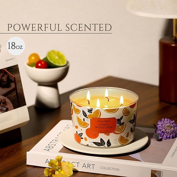 HomeLights Citrus Wood Sage Scented Candles | 18oz Soy Candles Eclectic Mixed Styles 4-Wick Large Candle Jars | Ideal Candle Gifts for Events, Home Decor Stress, Relief & Relaxation