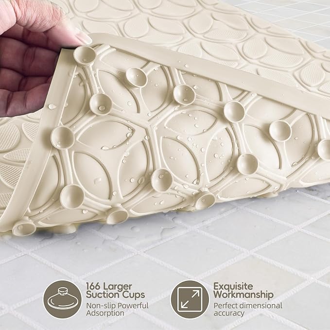 WRISIN Bathtub Mat Non Slip with Suction Cups - 100% Rubber Bathroom Mat Textured for Bath Tub Shower Safety - Soft on Touch - BPA/PVC Free - Pet Dog Bath Mat - Machine Washable - 16 × 28 Inch（Beige）
