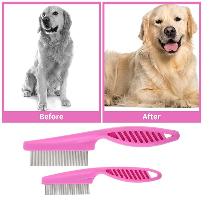 TIESOME Pet Hair Comb Tear Stain Removal,2 Pack Multifunctional Pets Grooming Comb Kit 2 in 1 Dog Combs Stainless Grooming Massage Dual-Sided Comb for Knots Crust Floating Hair Tangle Fleas(Pink)