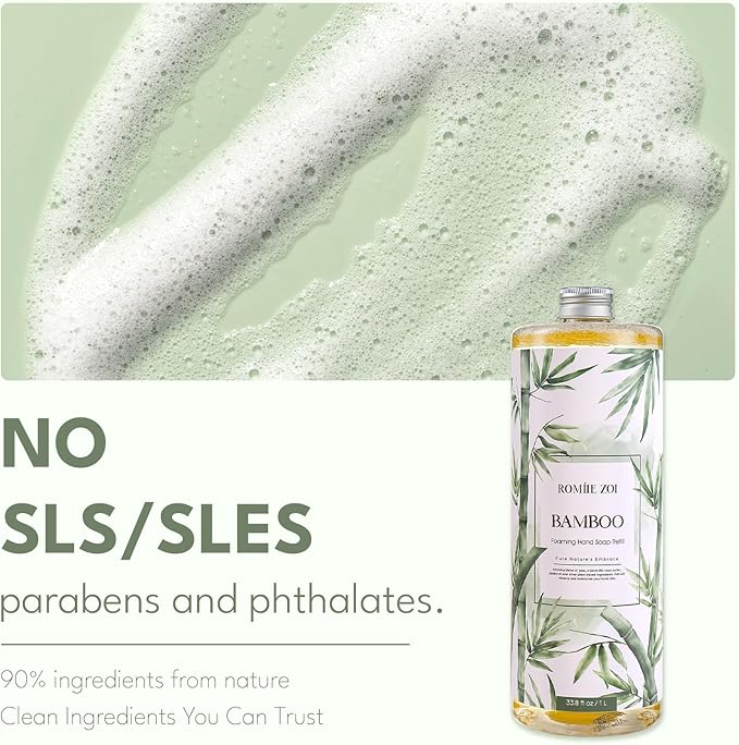 ROMIIE ZOI Foaming Hand Soap Refill Gift Set – 3 Pack (1000ML Each) with Dispenser – Bamboo Scent – Gentle & Moisturizing Plant-Based Formula – Bulk Refill Bottles for Bathroom & Kitchen Use