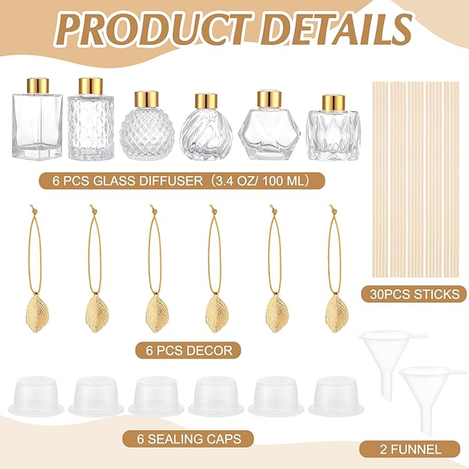 6 Pcs Reed Diffuser Gift Set Empty Reed Diffuser Bottle and 30 Pcs Sticks with Metallic Leaves Decoration Funnels 3.4 oz Fragrance Glass Prismatic Bottles for Essential Oil DIY Home Office, 6 Styles