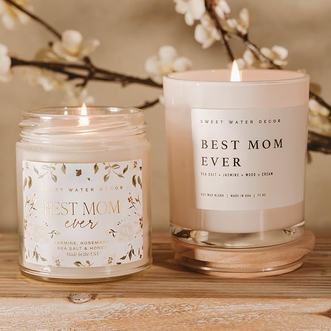 Sweet Water Decor Best Mom Ever Candle - Mother's Day Gifts for Mom, New Mom Gift, Spa Scented Mother Candle - 11oz White Jar, 50+ Hour Burn Time, Made in The USA