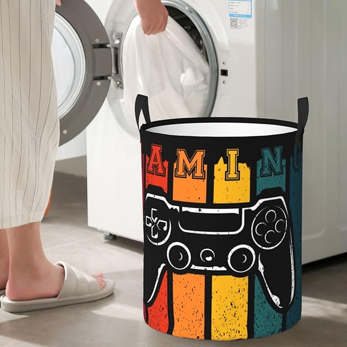 Gaming Laundry Hamper Bag With Waterproof Liner - Game Joystick Retro Style Round Laundry Basket Foldable Clothes Storage Organizer For Bathroom Bedroom Nursery Dorm, S-16.5"X 13.8"