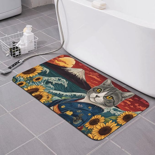 Japanese Waves Cat Bath mats Quick Dry Absorbent Bath Rugs Rubber Non Slip Bath Mat for Bathroom Floor Tub Shower Sink 20"×31.5"