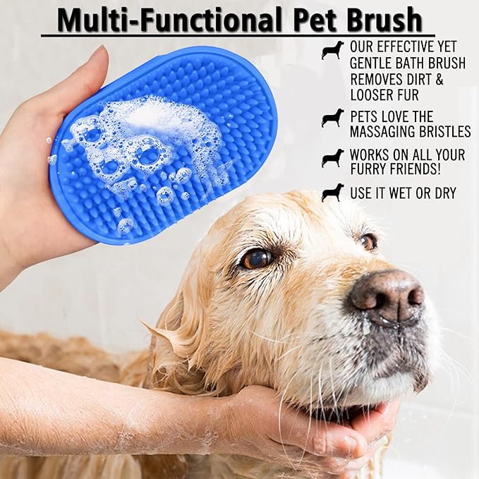 Dog Grooming Brush, Pet Shampoo Bath Brush Shedding Soothing Massage Rubber Comb with Adjustable Ring Handle for Long Short Haired Dogs and Cats 2pcs