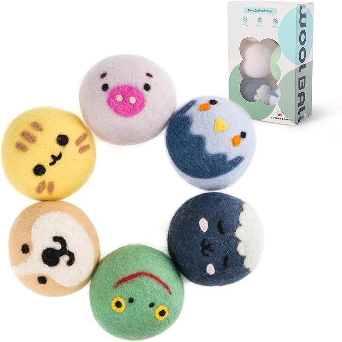 Wool Dryer Balls XL Size 6 Pack - Fun Dryer Balls with Animal Faces Handmade New Zealand Wool Balls for Dryer Cute Dryer Balls Laundry Reusable Anti Static Natural Fabric Softener