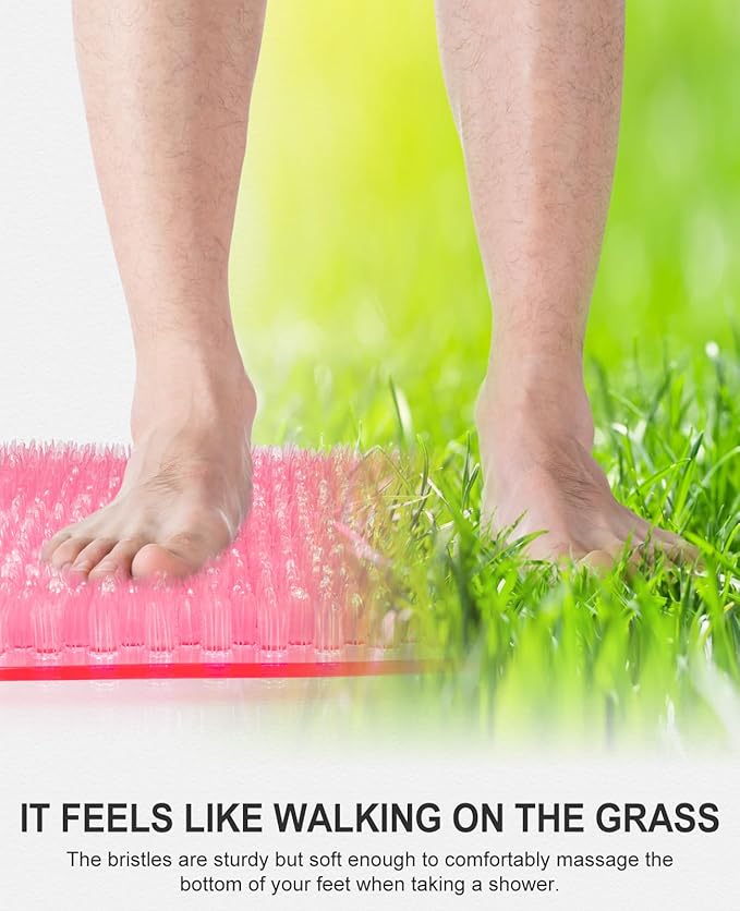 OTHWAY Non Slip Grassy Bathtub Mat : 25.6X13.4 inches Sturdy But Soft Bath Mat_Quick Drain Shower Floor Mat with Soft Bristles for Scrubbing Feet (Clear Pink)