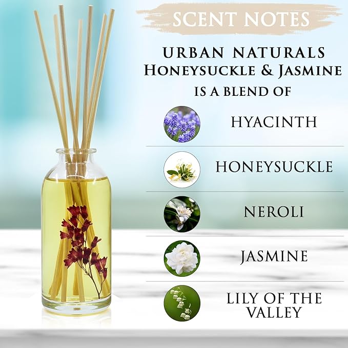 Urban Naturals Honeysuckle & Jasmine Reed Diffuser Oil Scented Sticks Set– Hyacinth, Cassis, Neroli & Geranium | Long Lasting Air Freshener for The Bedroom, Bathroom or Office | Made in The USA