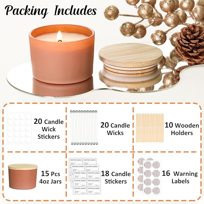 4oz Fall Candle Jars 15 Pack, Small Wide Mouth Glass Empty Candle Jars with Bamboo Lids for Making Candles, Bulk Candle Container with Wick Kit, Ideal for Candle Business Owners