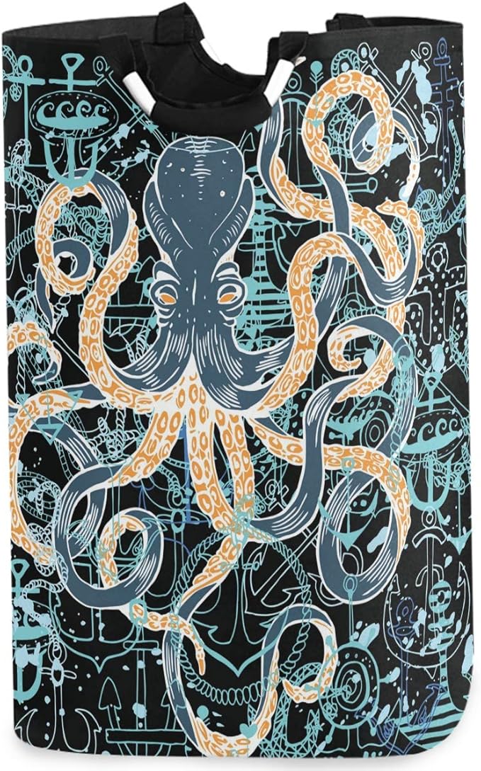 visesunny Vintage Octopus Anchor Large Laundry Bag Collapsible Oxford Fabric Laundry Hamper Foldable Portable Dirty Clothes Laundry Basket with Handles Waterproof Washing Bin Laundry Tote Bag