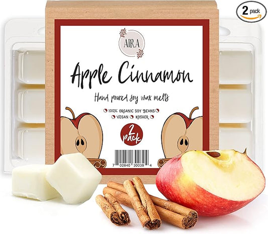 Aira Soy Wax Melt - Organic, Vegan, Kosher, Fall Scented Soy Wax Cubes w/Essential Oils - No Chemical 100% Soy Wax Melts for Electric/Tealight Melters - Hand-Poured Soy Tarts - Apple Cinnamon -2 Pack