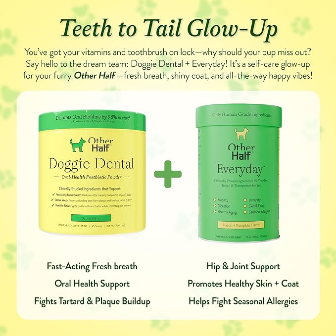OTHER HALF Doggie Dental Supplement Powder - Dog Breath Freshener & Teeth Cleaning Made Easy - Oral Health Postbiotic for Dogs - Targets Tartar, Plaque & Bad Breath | 45 Scoops, Bacon Flavor