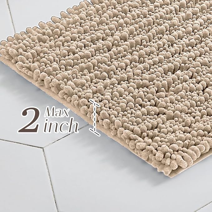 Walensee Bathroom Rug Non Slip Bath Mat (44x24 Inch Beige) Water Absorbent Super Soft Shaggy Chenille Machine Washable Dry Extra Thick Perfect Absorbant Best Large Plush Carpet for Shower Floor