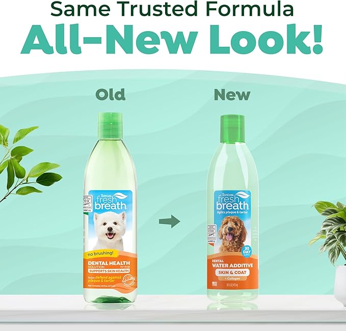 TropiClean Fresh Breath Water Additive for Dogs with Collagen, Skin Health Support for Dogs, Breath Freshener and Teeth Cleaning Solution, 16oz.
