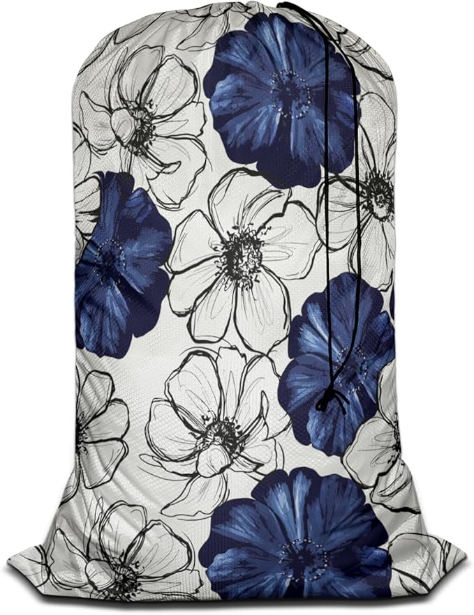 Swono Wild Flower Extra Large Huge Heavy Duty Polyester Laundry Storage Bag with Drawstring, Dark Navy Blue Floral Sketch Washable Travel Dirty Clothes Bag Hamper Liner