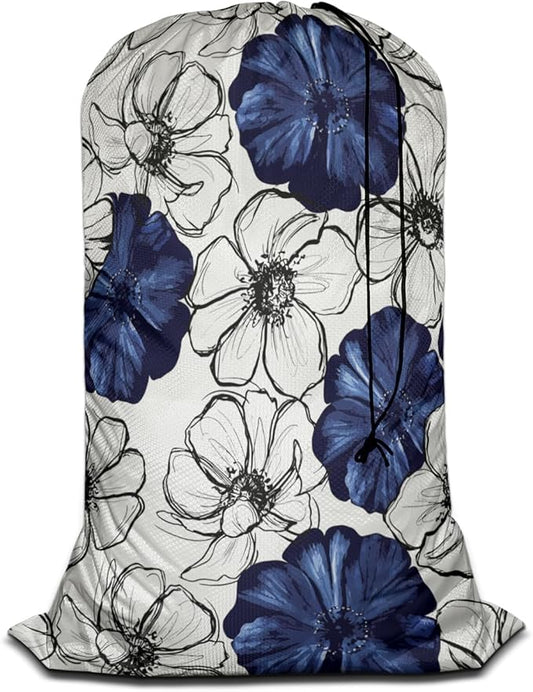 Swono Wild Flower Extra Large Huge Heavy Duty Polyester Laundry Storage Bag with Drawstring, Dark Navy Blue Floral Sketch Washable Travel Dirty Clothes Bag Hamper Liner