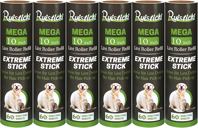 10 inch Mega All-Purpose Pet Hair Lint Roller Refills Compatible with Evercare Mega Roller 10'' Wide Ultra Sticky 60 Sheets Each Refill (Pack of 6, 360 Sheets Total)