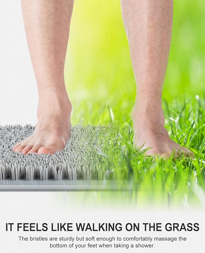OTHWAY Non Slip Grassy Bathtub Mat : 27.5X15.7 inches Sturdy But Soft Bath Mat_Quick Drain Shower Floor Mat with Soft Bristles for Scrubbing Feet (Light Grey)