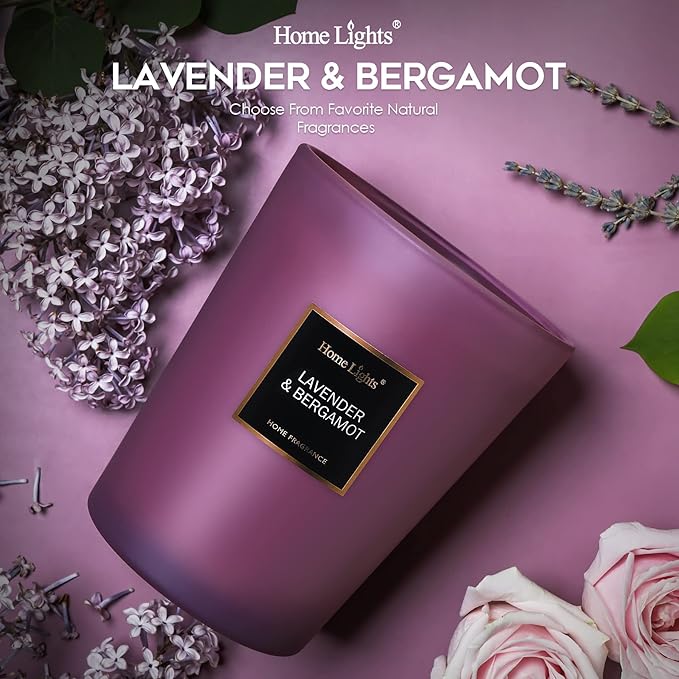 HomeLights Highly Scented Soy Candles Big 33.3 oz for Home. 3 Cotton Wicks, Smokeless Long Lasting 130 hrs in Lavender & Bergamot. 5x6, Great Gift for Women & Men