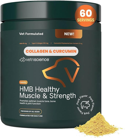 VetriScience HMB Healthy Muscle & Strength Supplement for Dogs, Mobility Support & Muscle Builder with Collagen, Calcium, Vitamin D & Curcumin, Powder, Pork, 8.47 oz - New Look