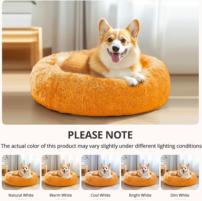 JOLLYVOGUE Small Dog & Cat Beds for Indoor Cats, Donut Cuddler Warming Soft Dog Beds with Anti-Slip Bottom, Round Calming Fluffy Plush Faux Fur Cushion Bed for Small Dogs (23", Orange)