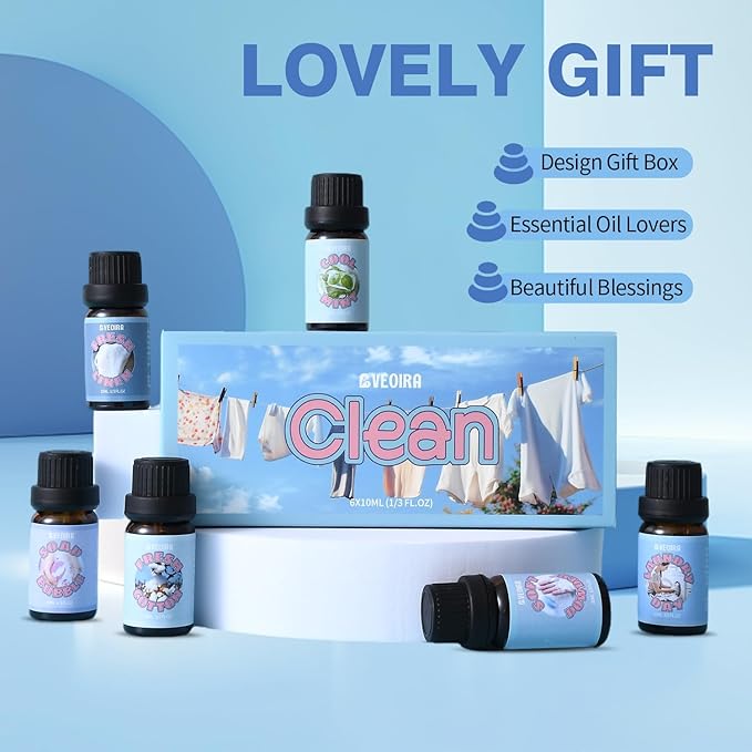Clean Fragrance Oils Set, AVEOIRA Essential Oils Set for Diffuser, Candle, Soap Making Scented Oils, Fresh Linen, Cool Mint, Soap Bubble, Laundry Day, Soft Powder, Fresh Cotton, 6x10ml
