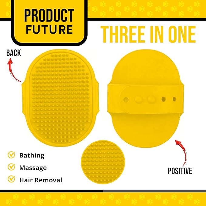 Silicone Dog Bath Brush – Soft Pet Scrubber for Bathing & Grooming – Shampoo Brush for Dogs, Cats & Puppies – Adjustable Strap – Choose from 5 Colors (Yellow)