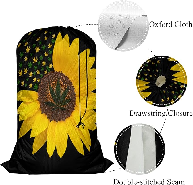 Swono Sunflower With Leaves Drawstring Portable Large Capacity Laundry Bags Summer Yellow Floral Blossom Travel Storage Bags for Apartments, Vacations, Home, 28x40 Inch