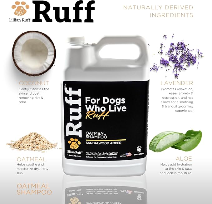 Ruff by Lillian Ruff Oatmeal Dog Shampoo Sandalwood Amber – Moisturizing Pet Shampoo with Aloe & Coconut Oil – Relieves Itching, Hot Spots & Odor – Puppy Safe – Made in USA (Gallon with Pump)