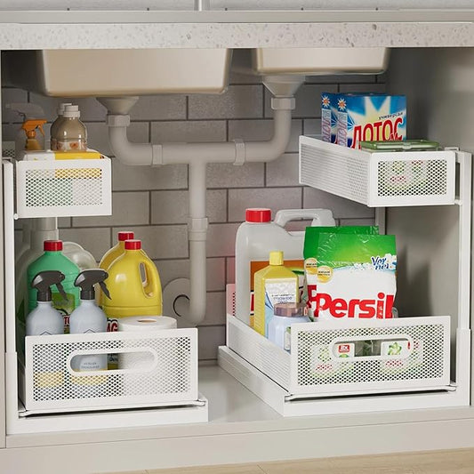 2 Pack Under Kitchen Sink Organizer L-Shaped 2 Tier Pull Out Cabinet Organizer Expandable Bathroom Under Sink Storage with Sliding Drawers Sturdy Metal Pantry Shelves Spice Rack, White