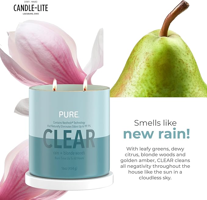 Candle-Lite Pure Rain & Blonde Woods Odor Eliminating Scented Candles, Neofresh Technology Eliminates 99.9% of Odors, 16 oz 2-Wick Jar, Proudly Poured in The USA, Up to 60 Hours Burn Time