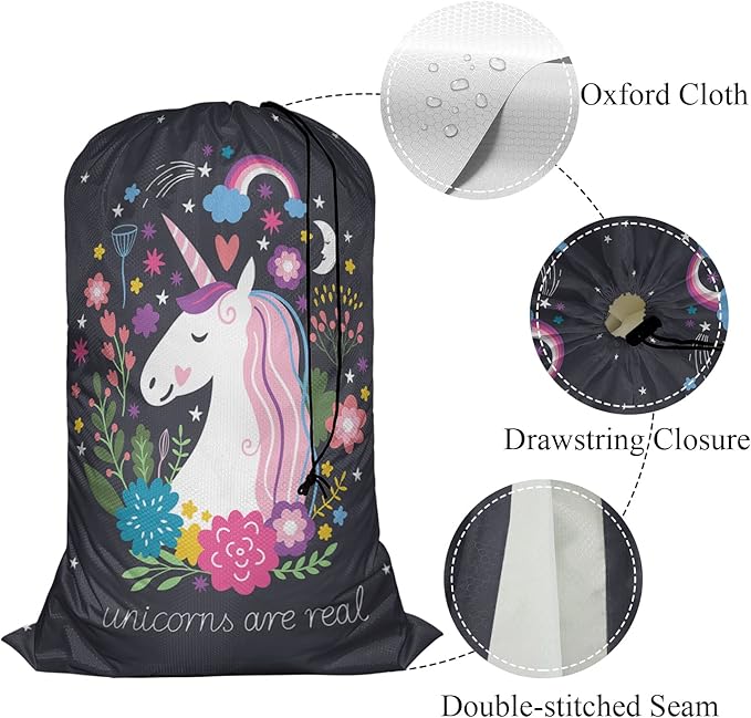 Swono Unicorn Are Real Extra Large Laundry Bag with Drawstring Closure 28"x40", Oxford Cloth, Rainbow Cartoon Fairy Star Floral for Home, Dorm and Apartment Dwellers, Magic Animal