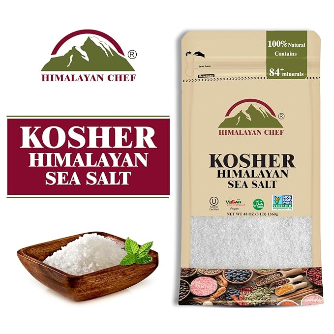 Himalayan Chef Kosher Sea Salt, Fine Grain Kosher Salt, Replacement for Table Salt, Non-Iodized, Unrefined, Non-GMO, All-Natural, No Additives - 48 oz Bag