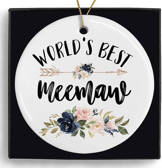 World's Best Meemaw Ceramic Ornaments Gifts, Grandma Grandmother Round Hanging Ornament Decor Decorations for Christmas Tree Car, Thank You Appreciation Gifts for Meemaw Birthday Holiday