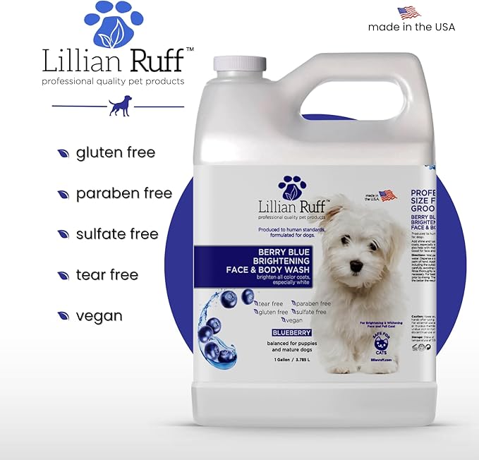 Lillian Ruff PRO Formula Berry Blue Brightening Pet Shampoo - Ultra-Hydrating Professional Whitening Dog Shampoo, Vivid Show-Quality Coat Enhancer, Tear Stain & Odor Eliminator - Vitamin B5 (Gallon)