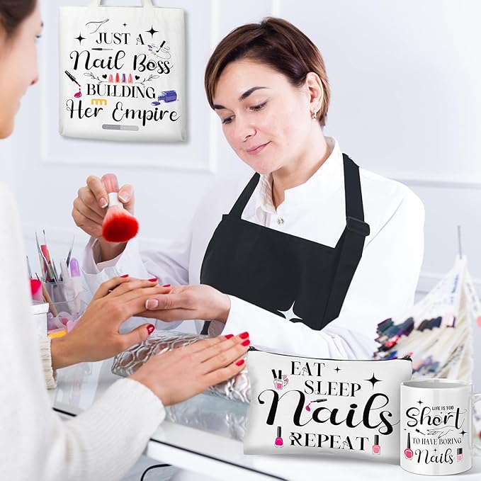 6 Pcs Christmas Nail Technician Gift Set Include Waterproof Oil Proof Apron Mug Keychain Canvas Tote Bag Cosmetic Bag Socks for Women Nail Tech Art Lover Must Haves Manicurist Gift