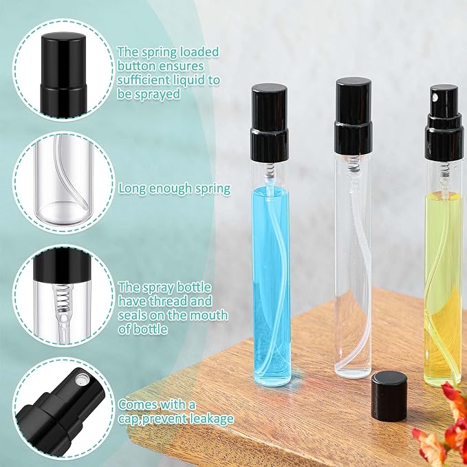 Zhehao 10 Pcs Mini Spray Bottles 10 ml Clear Glass Perfume Bottles Refillable Fine Mist Perfume Atomizer Portable Empty Sample Containers for Cleaning, Essential Oils, Travel (Black Cap)
