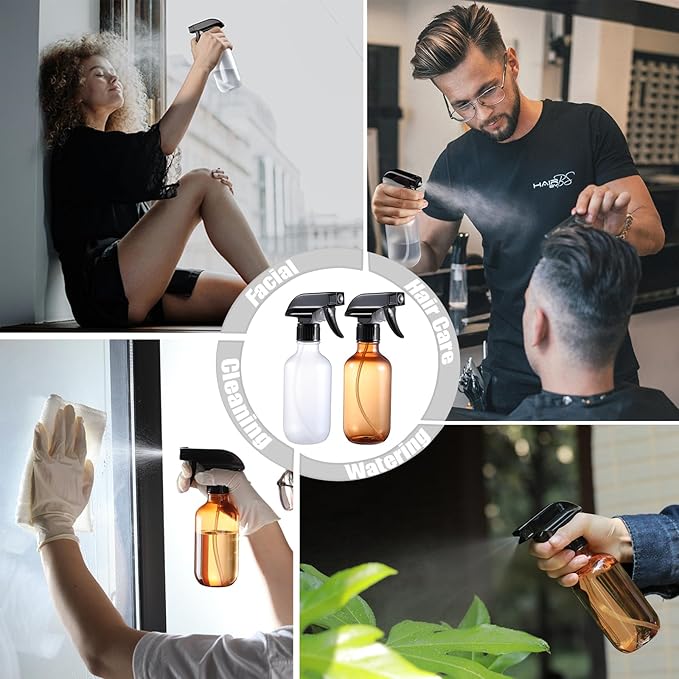 Plastic Small Spray Bottle, Mister Squirt Bottle 2 Pack, 10.1 oz Amber Refillable Empty Water Spray Bottles with Adjustable Mist/Stream for Hair, Plant, Pet, Cleaning, Cooking