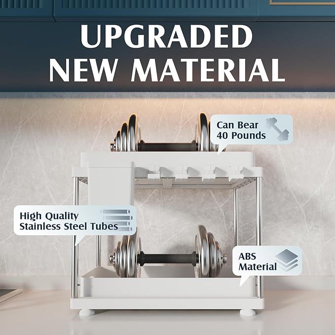 2 Pack Under Sink Organizers and Storage, Double Sliding Kitchen Cabinet Organizer, 2 Tier Height Adjustable Countertop Organizer for Kitchen Bathroom Laundry, White