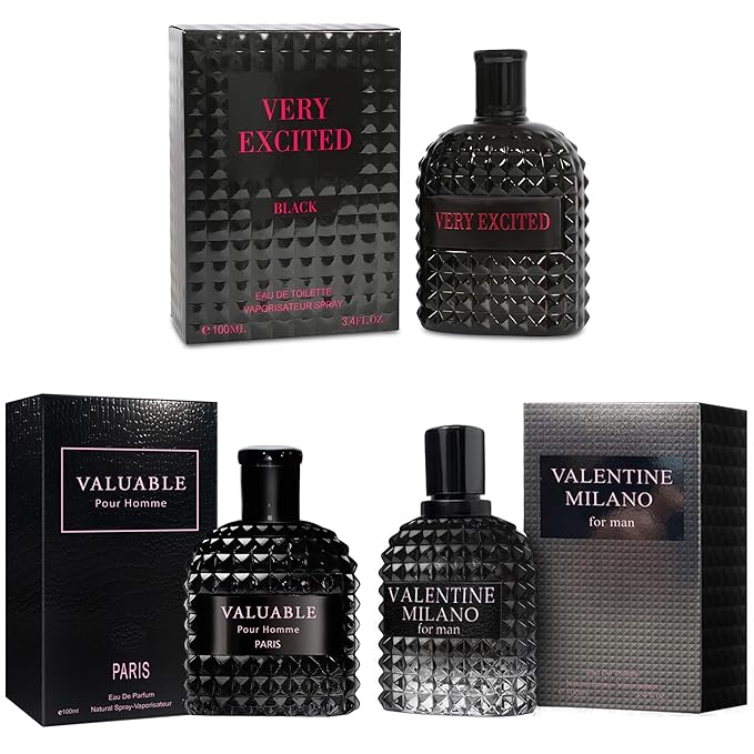 3Pack Men Colognes Combo Set Milano,Very Excited,Valuable Paris 3.4 Fl Oz Each Eau De Parfume Spray with Woody Floral & Fruity Scent Perfume Gift Set Day to Night Use Fragrances