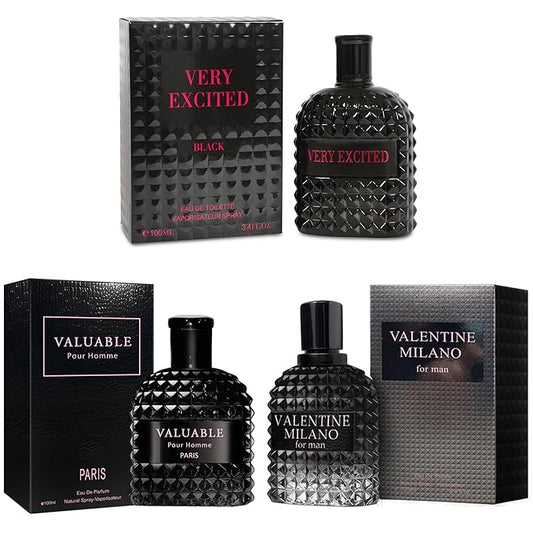3Pack Men Colognes Combo Set Milano,Very Excited,Valuable Paris 3.4 Fl Oz Each Eau De Parfume Spray with Woody Floral & Fruity Scent Perfume Gift Set Day to Night Use Fragrances