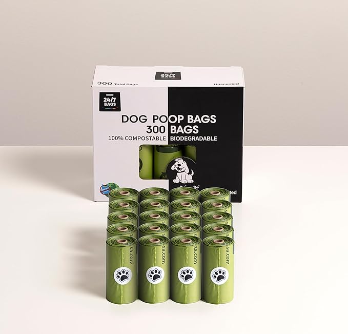 100% Certified Compostable Dog Waste Bags, 300 Count, ASTM D6400 Standard, OK Compost, 9 IN x 13IN, Unscented (20 Rolls, 15 Bags)