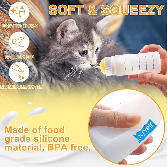 3 Pack Kitten Silicone Bottle Feeding Kit,Nipple & Feeding Kit for Kittens, Reusable Newborn Kitten Supplies, Suitable for Feeding Kitten, Puppy, Rabbit,Hamster (Yellow, Small)