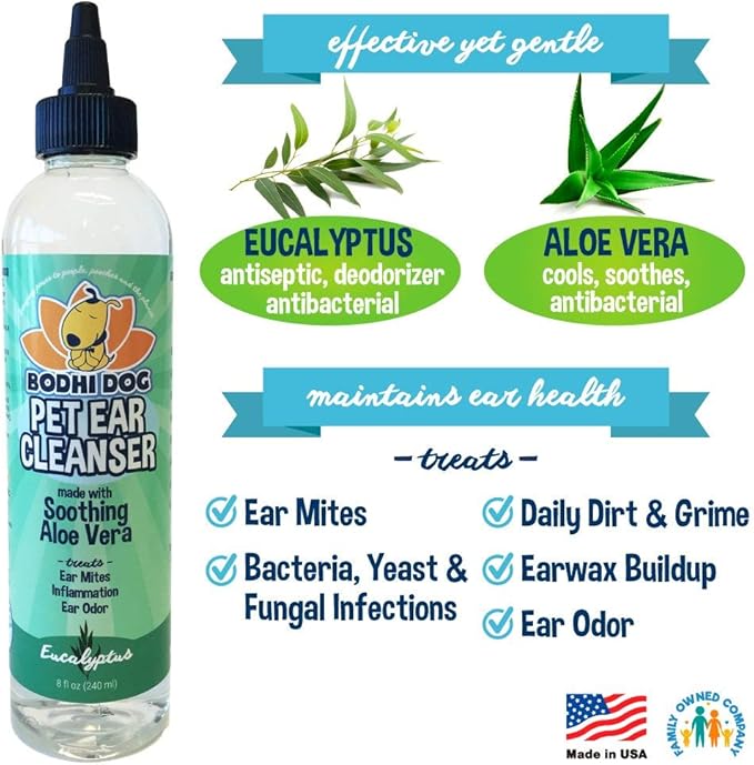 Bodhi Dog Ear Cleaner Solution for Dogs & Cats - Aloe Vera Ear Cleanser, Gentle, Safe for Ear Health - Removes Dirt, Wax & Debris - Prevents Odor & Irritation - Made in USA (8 Fl Oz)