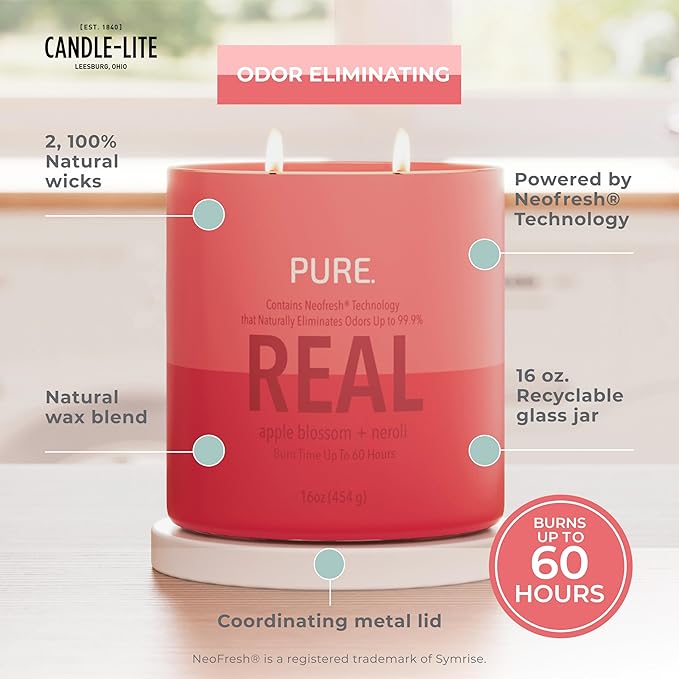 Candle-Lite Pure Apple Blossom & Neroli Odor Eliminating Scented Candles, Neofresh Technology Eliminates 99.9% of Odors, 16 oz 2-Wick Jar, Proudly Poured in The USA, Up to 60 Hours Burn Time