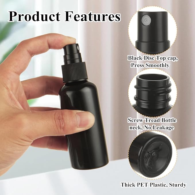 60 Pack Small Spray Bottle 2 oz Black Spray Bottle with Small Fine Mist Spray and Plastic Cap, Refillable for Essential Oils, Bath, Beauty, Hair & Cleaning